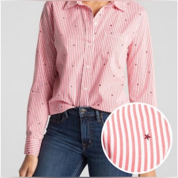 Gap Pink & White Stars &  Stripes Button Down Shirt Woman's Fitted Boyfriend  L - Picture 1 of 12
